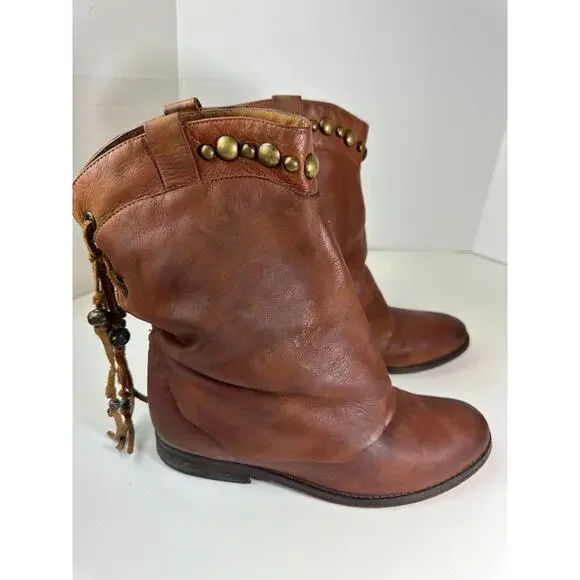 Free People Distressed Wayland Brown Leather Bead Stud Lace-Up Boho Bootie 37 6 - Picture 2 of 16